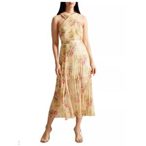 NWT Ted Baker Amerah Cross Front Pleated Midi Dress Floral Yellow US 4 Wedding